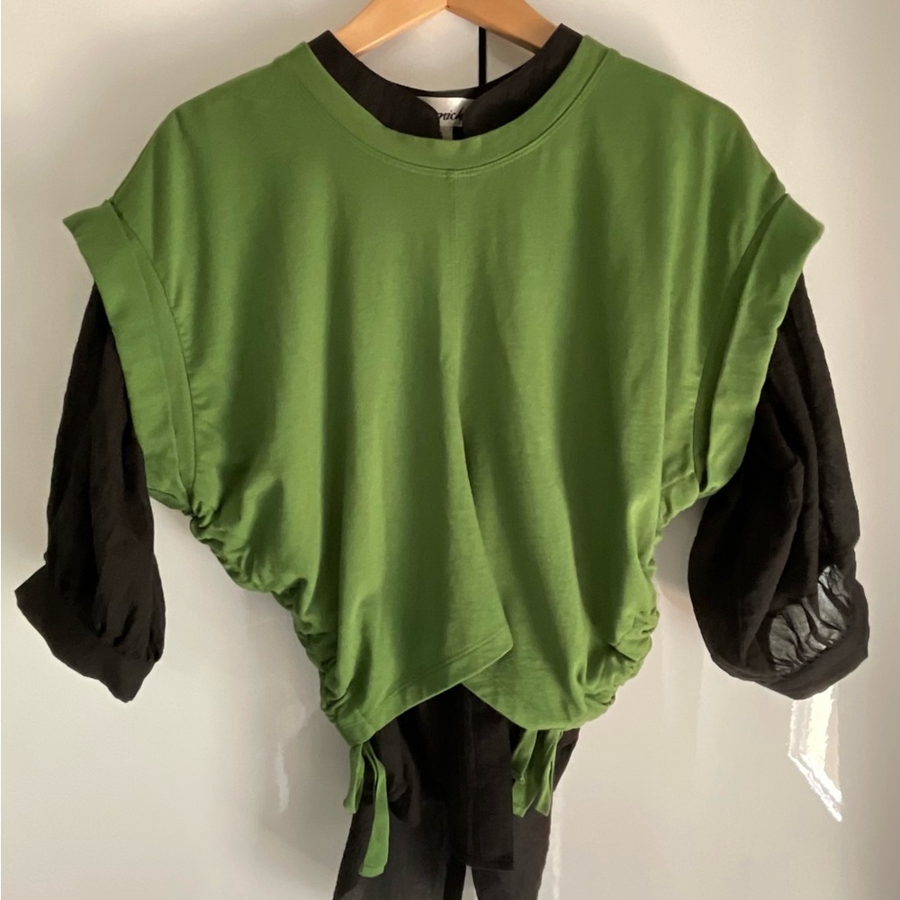All Saints Olive Green Ruched Tie-Front Crop Top - Picture 2 of 9